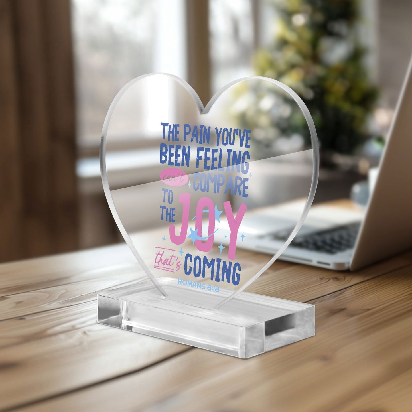 Joy Is Coming Christian Acrylic Plaque with Stand - Heart - ClaimedbyGodDesigns