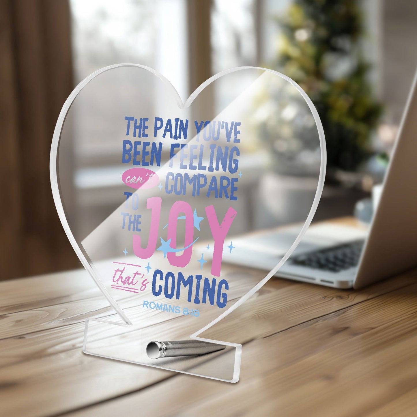 Joy Is Coming Christian Acrylic Plaque with Stand - Heart - ClaimedbyGodDesigns