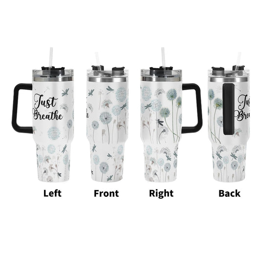 Just Breathe 40oz Stainless Steel Christian Tumbler Gift With Black Handle and Straw - ClaimedbyGodDesigns