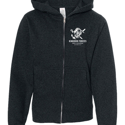 KINGDOM FORCES — SEAL DIVISION
Youth Full‑Zip Christian Hooded Sweatshirt - ClaimedbyGodDesigns