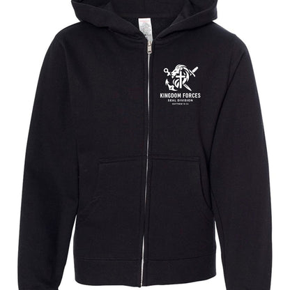 KINGDOM FORCES — SEAL DIVISION
Youth Full‑Zip Christian Hooded Sweatshirt - ClaimedbyGodDesigns