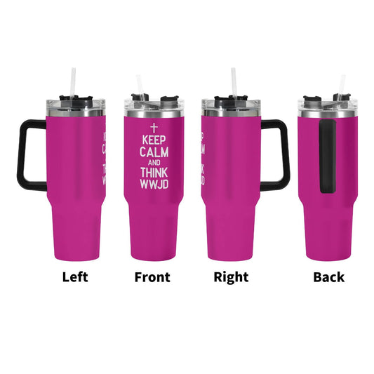 Keep Calm And Think WWJD 40oz Stainless Steel Christian Tumbler Gift With Black Handle and Straw - ClaimedbyGodDesigns