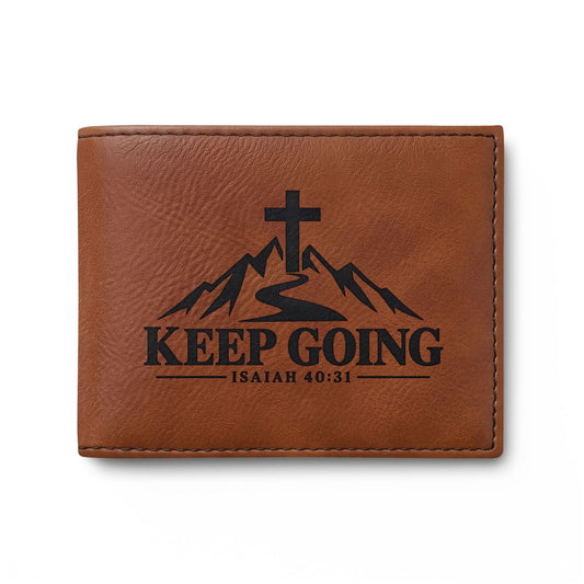 Keep Going Christian wallet with cross and mountain, Galatians 6:9