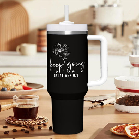 Keep Going Stainless Steel Tumbler with Handle - 40oz Inspirational Drinkware - ClaimedbyGodDesigns
