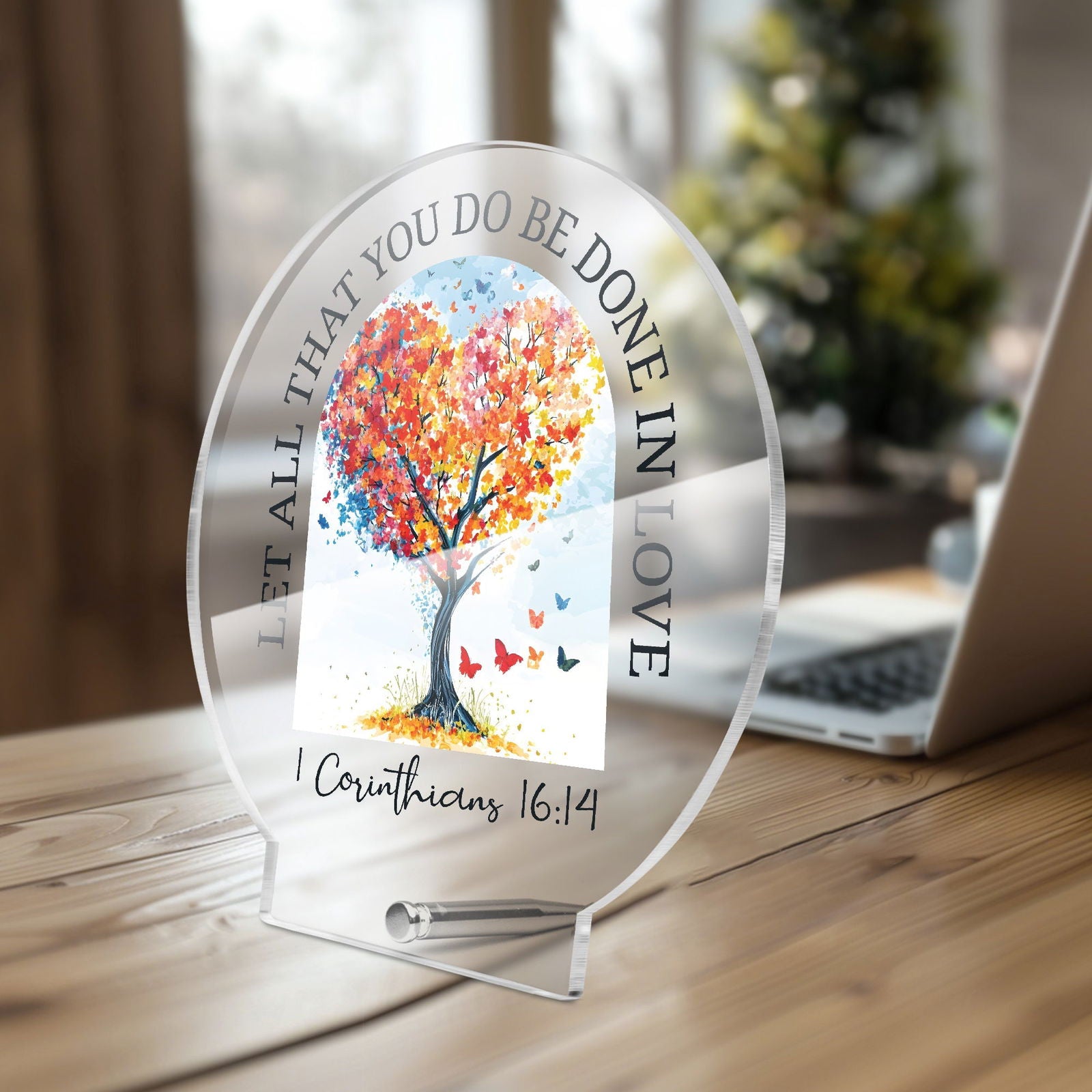 Let All That You Do Be Done In Love Christian Acrylic Plaque with Stand - Round - ClaimedbyGodDesigns