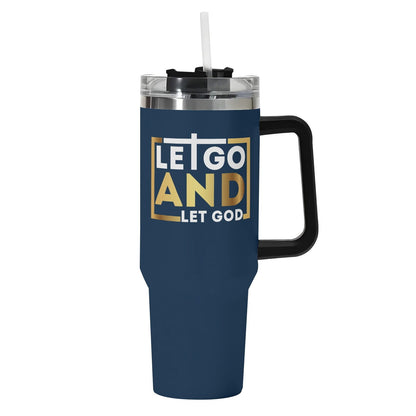 Let Go And Let God 40oz Stainless Steel Christian Tumbler Gift With Black Handle and Straw - ClaimedbyGodDesigns