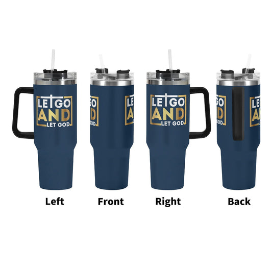 Let Go And Let God 40oz Stainless Steel Christian Tumbler Gift With Black Handle and Straw - ClaimedbyGodDesigns