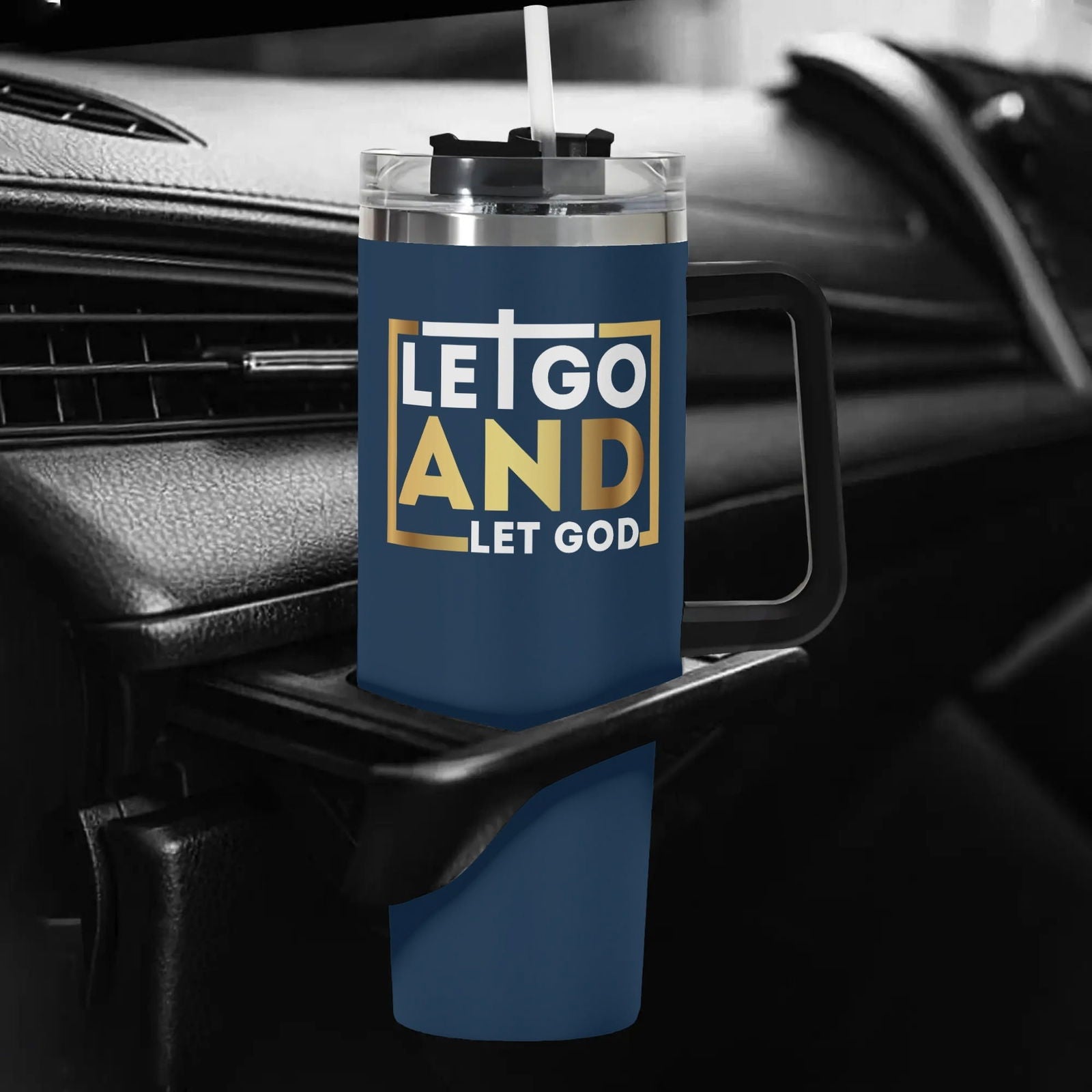 Let Go And Let God 40oz Stainless Steel Christian Tumbler Gift With Black Handle and Straw - ClaimedbyGodDesigns