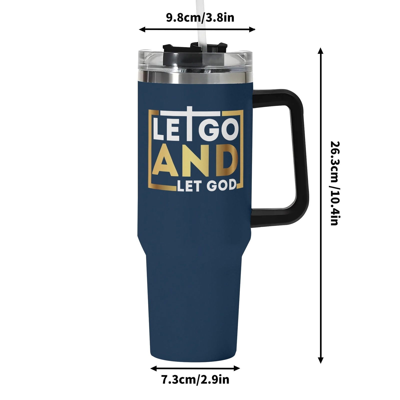 Let Go And Let God 40oz Stainless Steel Christian Tumbler Gift With Black Handle and Straw - ClaimedbyGodDesigns