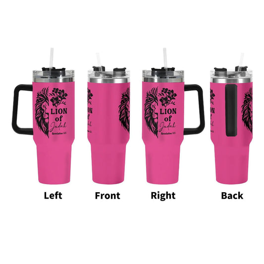 Lion Of Judah 40oz Stainless Steel Christian Tumbler Gift With Black Handle and Straw - ClaimedbyGodDesigns