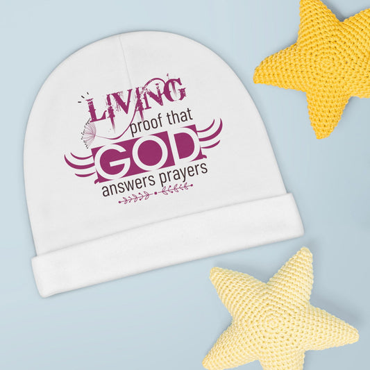 Living Proof That God Answers Prayers Baby Beanie (AOP) - ClaimedbyGodDesigns