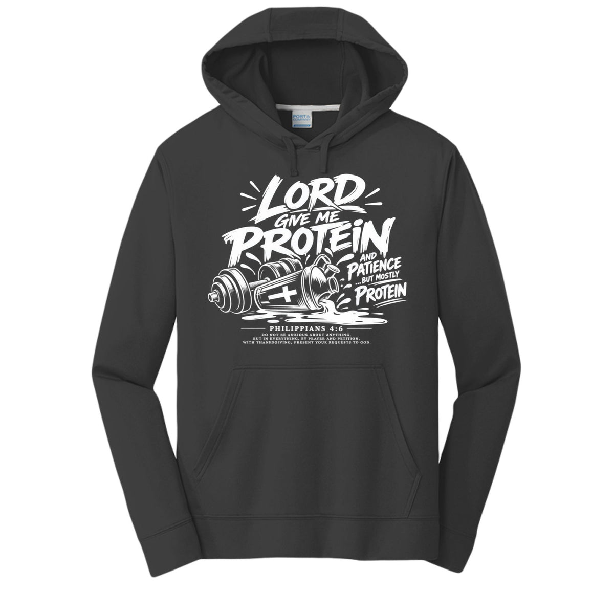 Lord Give Me Protein and Patience, But Mostly Protein Unisex Christian Gym Hooded Sweatshirt | Philippians 4:6 - Claimed by God Designs