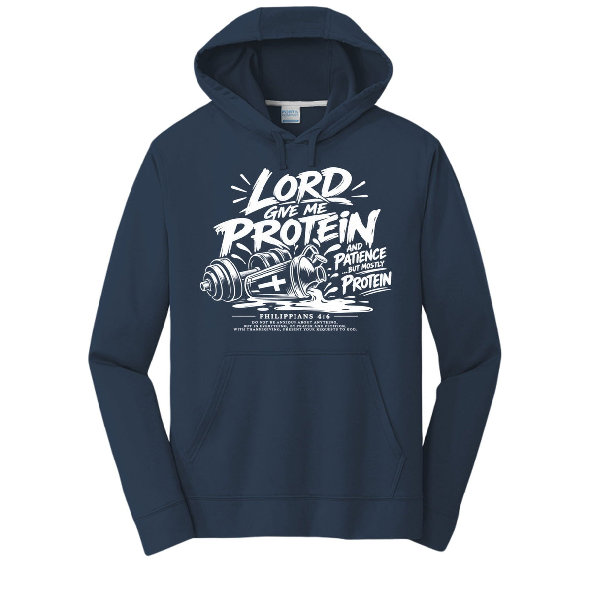 Lord Give Me Protein and Patience, But Mostly Protein Unisex Christian Gym Hooded Sweatshirt | Philippians 4:6 - Claimed by God Designs