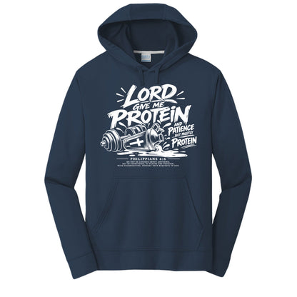Lord Give Me Protein and Patience, But Mostly Protein Unisex Christian Gym Hooded Sweatshirt | Philippians 4:6 - Claimed by God Designs