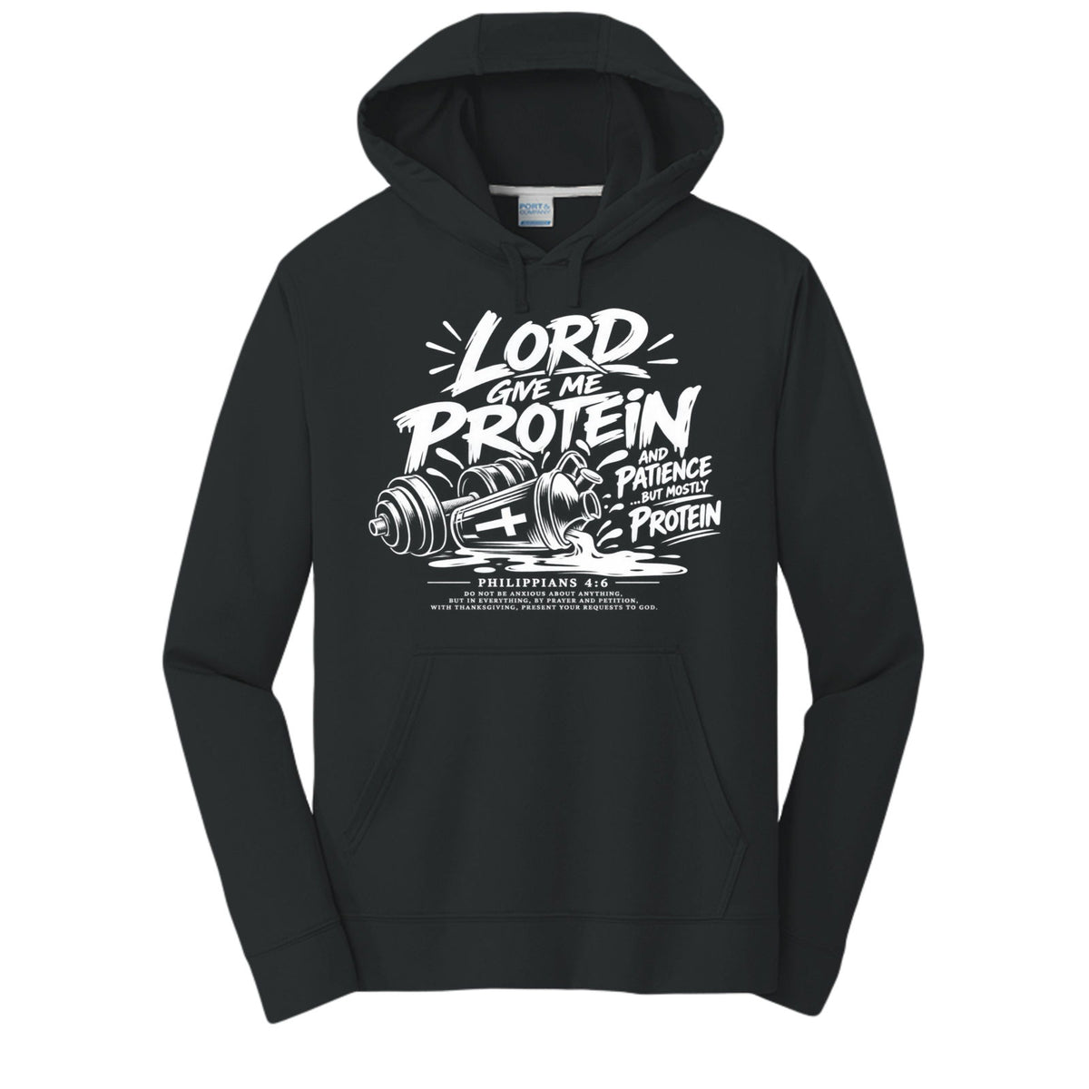 Lord Give Me Protein and Patience, But Mostly Protein Unisex Christian Gym Hooded Sweatshirt | Philippians 4:6 - Claimed by God Designs
