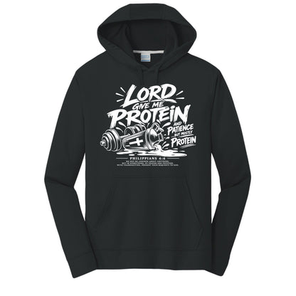 Lord Give Me Protein and Patience, But Mostly Protein Unisex Christian Gym Hooded Sweatshirt | Philippians 4:6 - Claimed by God Designs