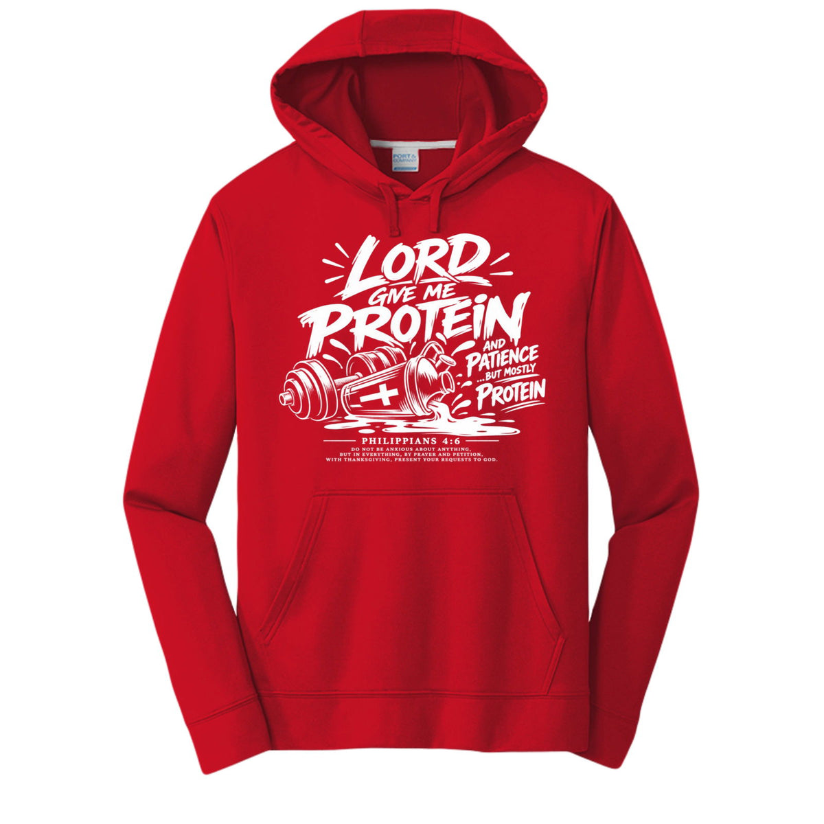 Lord Give Me Protein and Patience, But Mostly Protein Unisex Christian Gym Hooded Sweatshirt | Philippians 4:6 - Claimed by God Designs
