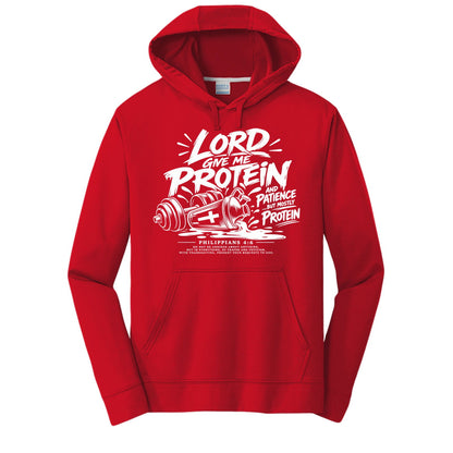 Lord Give Me Protein and Patience, But Mostly Protein Unisex Christian Gym Hooded Sweatshirt | Philippians 4:6 - Claimed by God Designs