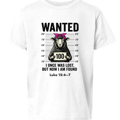 Luke 15:4–7 Wanted Lost Sheep Funny Christian Youth T‑Shirt - ClaimedbyGodDesigns