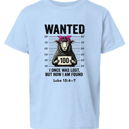 Luke 15:4–7 Wanted Lost Sheep Funny Christian Youth T‑Shirt - ClaimedbyGodDesigns