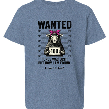 Luke 15:4–7 Wanted Lost Sheep Funny Christian Youth T‑Shirt - ClaimedbyGodDesigns