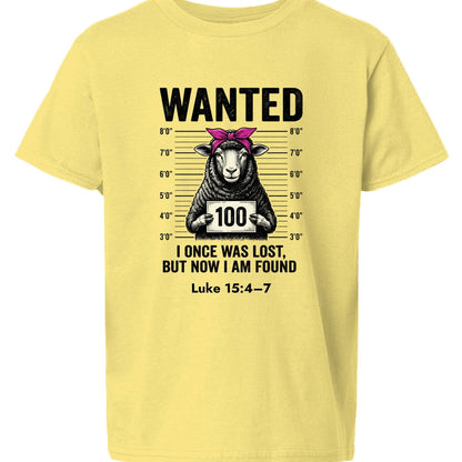 Luke 15:4–7 Wanted Lost Sheep Funny Christian Youth T‑Shirt - ClaimedbyGodDesigns