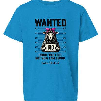 Luke 15:4–7 Wanted Lost Sheep Funny Christian Youth T‑Shirt - ClaimedbyGodDesigns