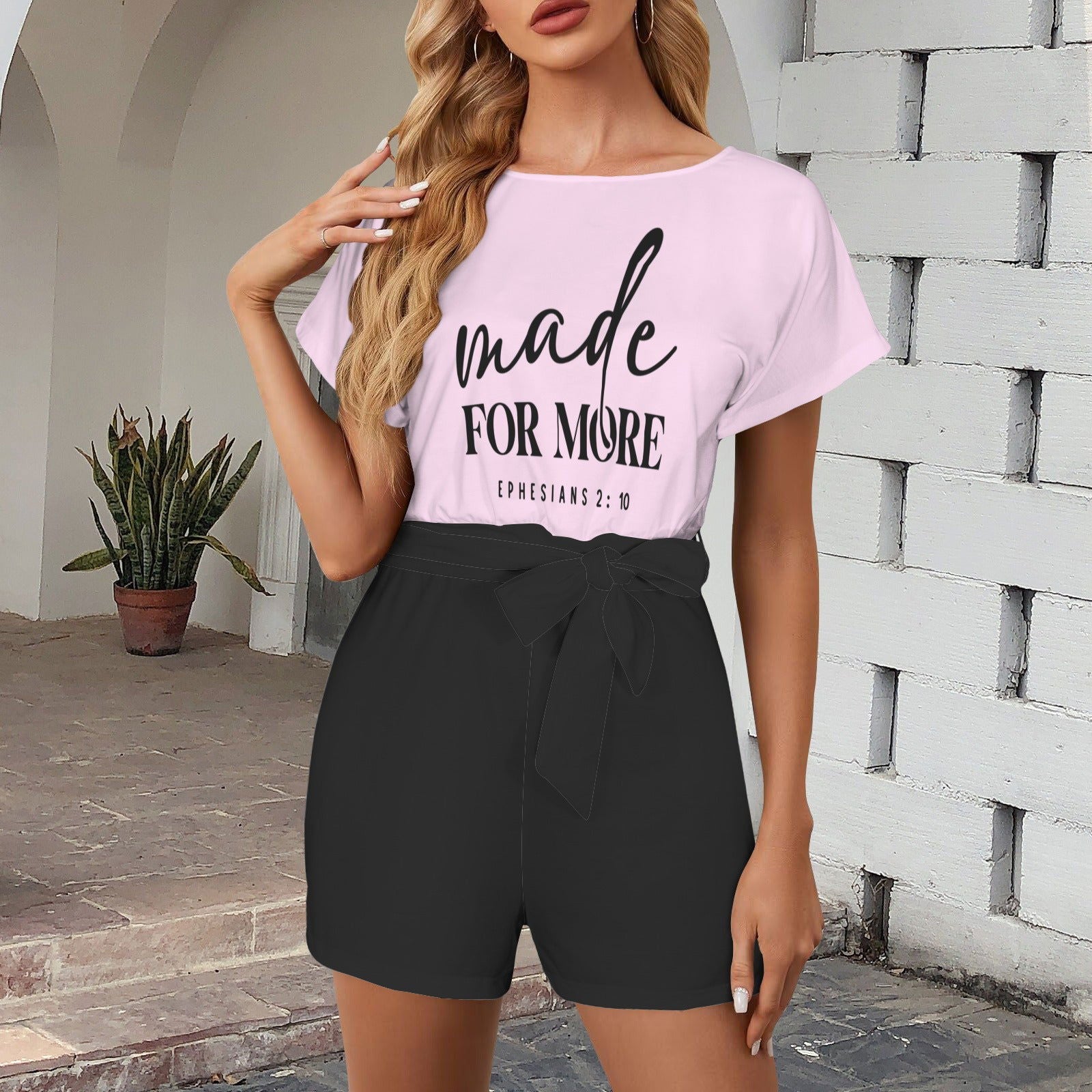 Made For More Christian Women's Belt Keyhole Back Short Sleeve Romper - ClaimedbyGodDesigns
