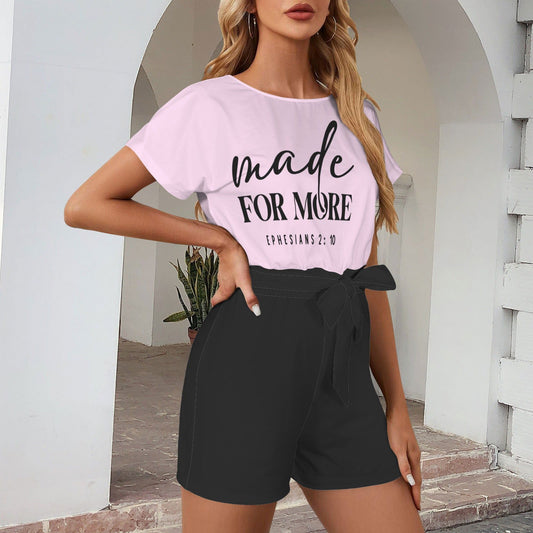 Made For More Christian Women's Belt Keyhole Back Short Sleeve Romper - ClaimedbyGodDesigns