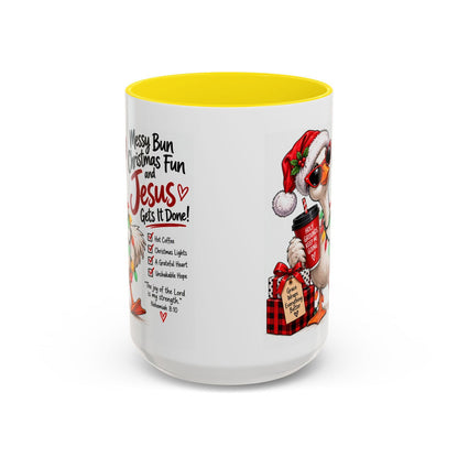 Messy Bun, Christmas Fun and Jesus Gets It Done! Coffee Mug - Claimed by God Designs