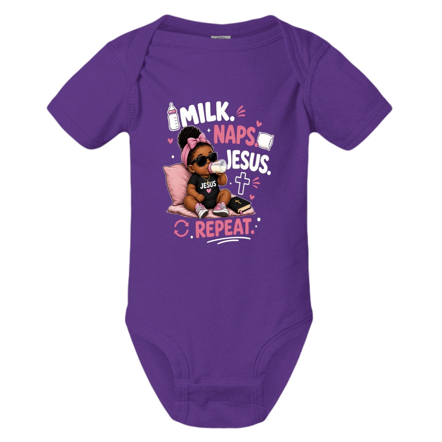 Milk Naps Jesus Repeat Baby Christian Jumpsuit - ClaimedbyGodDesigns