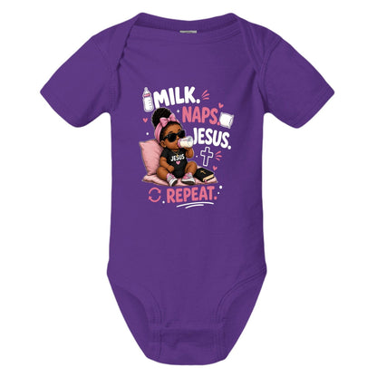 Milk Naps Jesus Repeat Baby Christian Jumpsuit - ClaimedbyGodDesigns