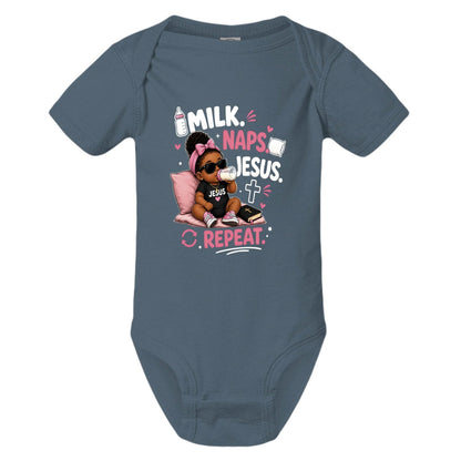 Milk Naps Jesus Repeat Baby Christian Jumpsuit - ClaimedbyGodDesigns