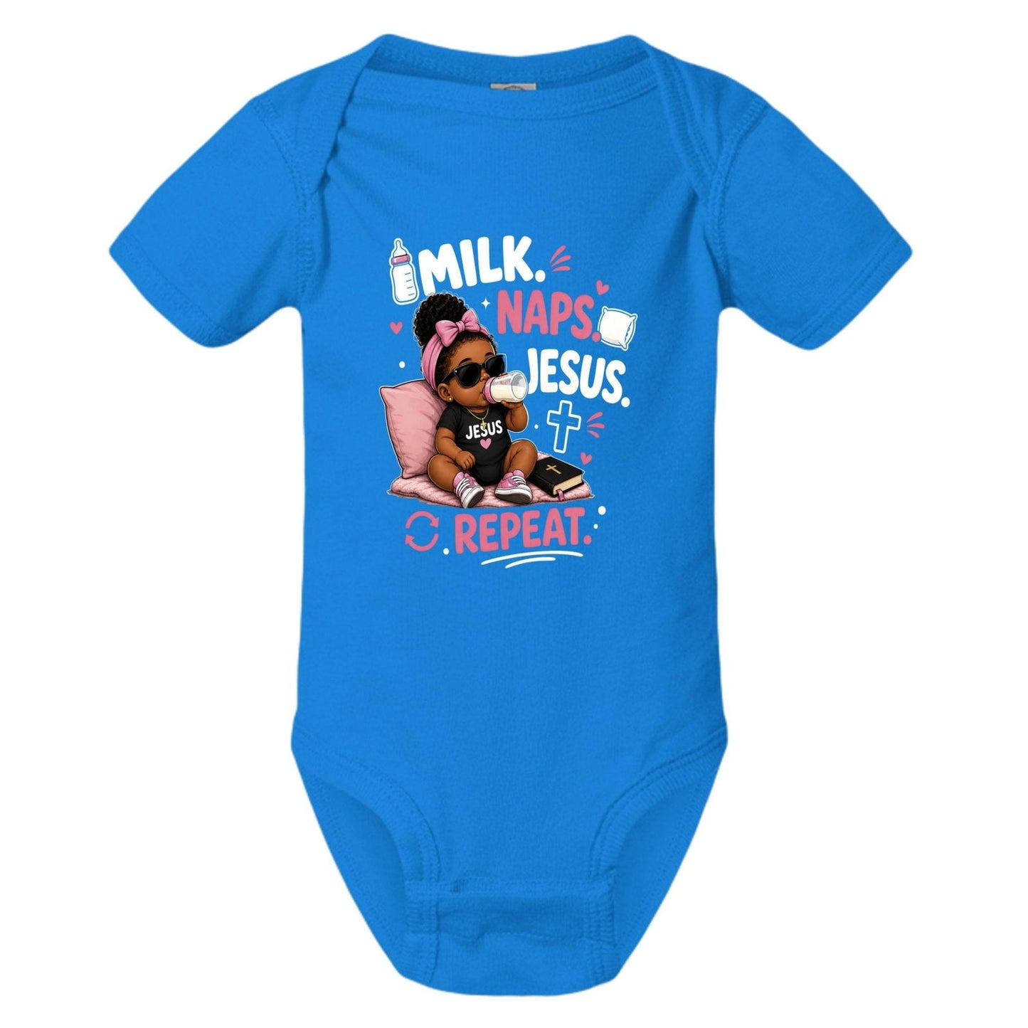 Milk Naps Jesus Repeat Baby Christian Jumpsuit - ClaimedbyGodDesigns