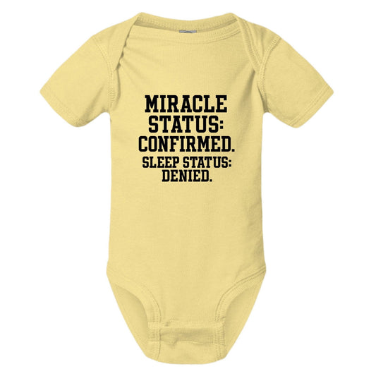 Miracle Status Confirmed Sleep Status Denied Christian Baby Jumpsuit - ClaimedbyGodDesigns
