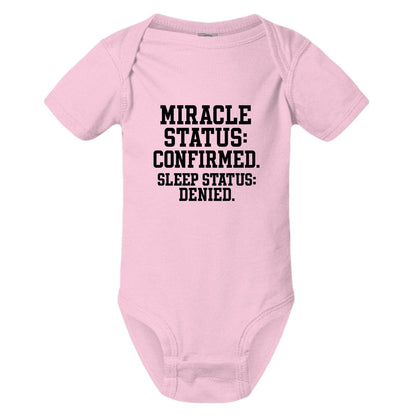 Miracle Status Confirmed Sleep Status Denied Christian Baby Jumpsuit - ClaimedbyGodDesigns