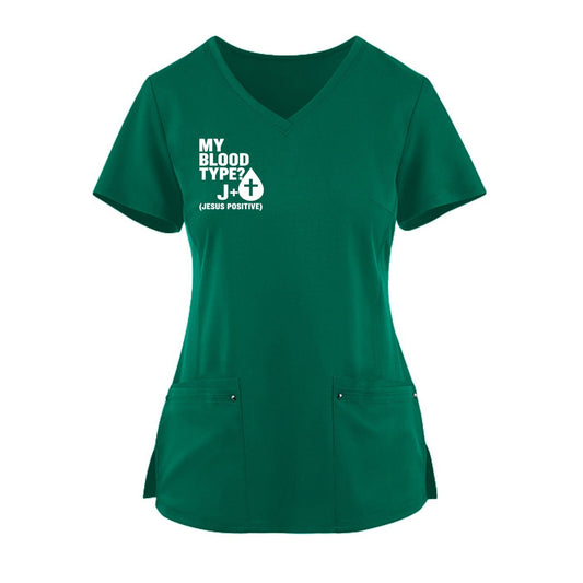 My Blood Type Is Jesus Positive – Women's Christian 2-Pocket Juliet Stylish V-Neck Medical Scrub Top - ClaimedbyGodDesigns