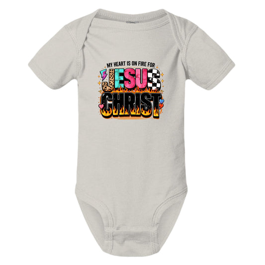 My Heart Is On Fire For Jesus Christ Baby Christian Jumpsuit - ClaimedbyGodDesigns