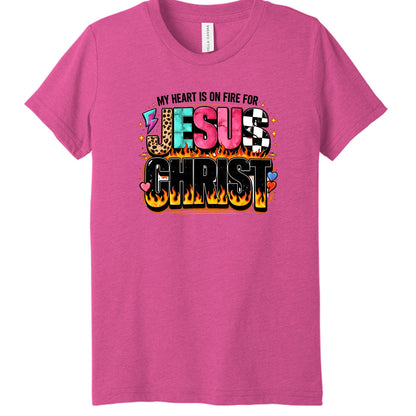 My Heart Is On Fire For Jesus Christ Youth Christian T-shirt - ClaimedbyGodDesigns