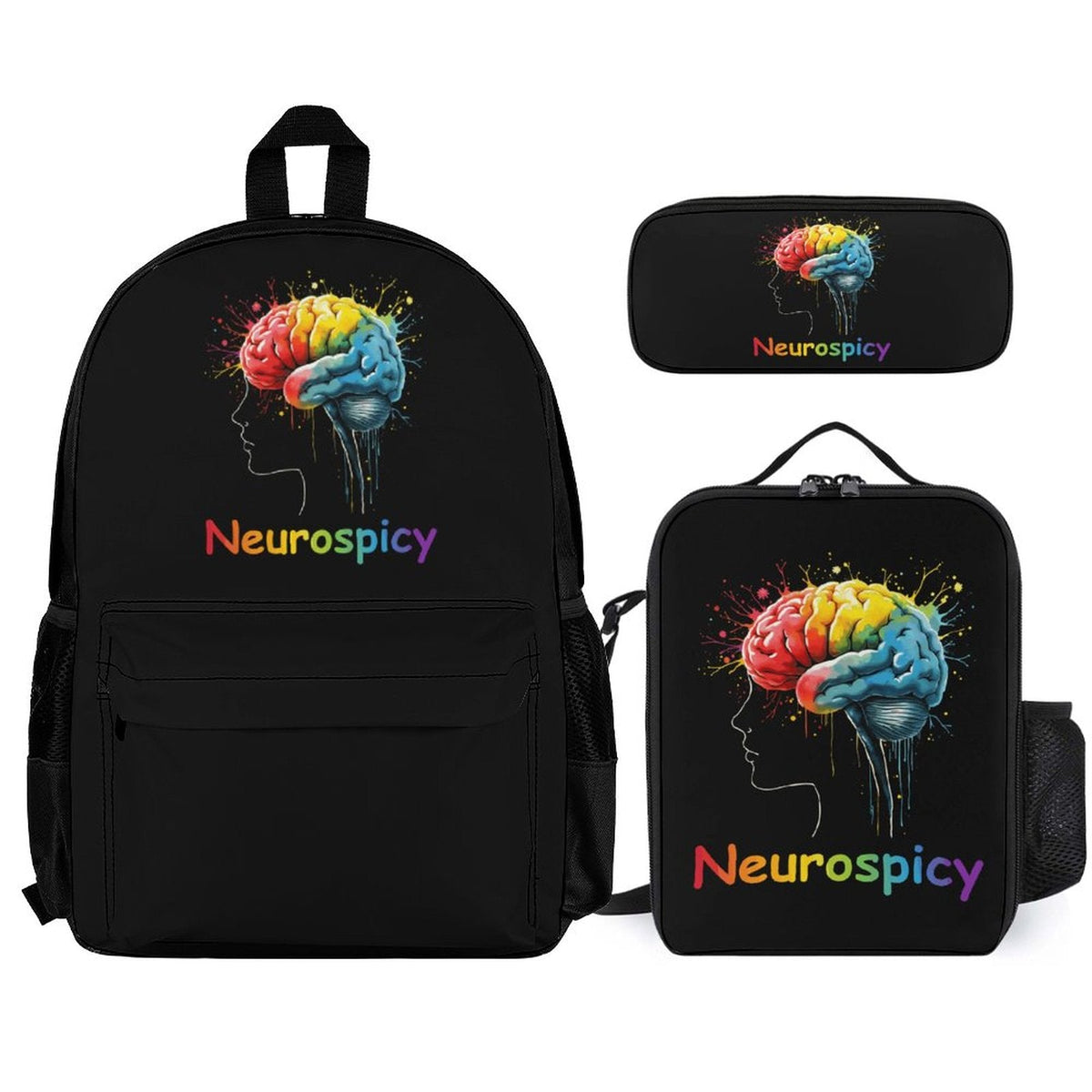 Neurospicy Autism Awareness 3-in-1 Backpack Set: Shoulder Bag, Lunch Bag & Pencil Pouch - ClaimedbyGodDesigns