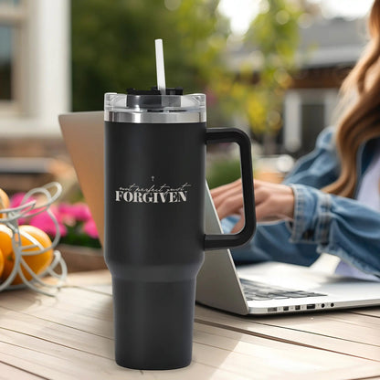 Not Perfect Just Forgiven 40oz Stainless Steel Christian Tumbler Travel Mug with Handle and Straw for Cup Holder - ClaimedbyGodDesigns