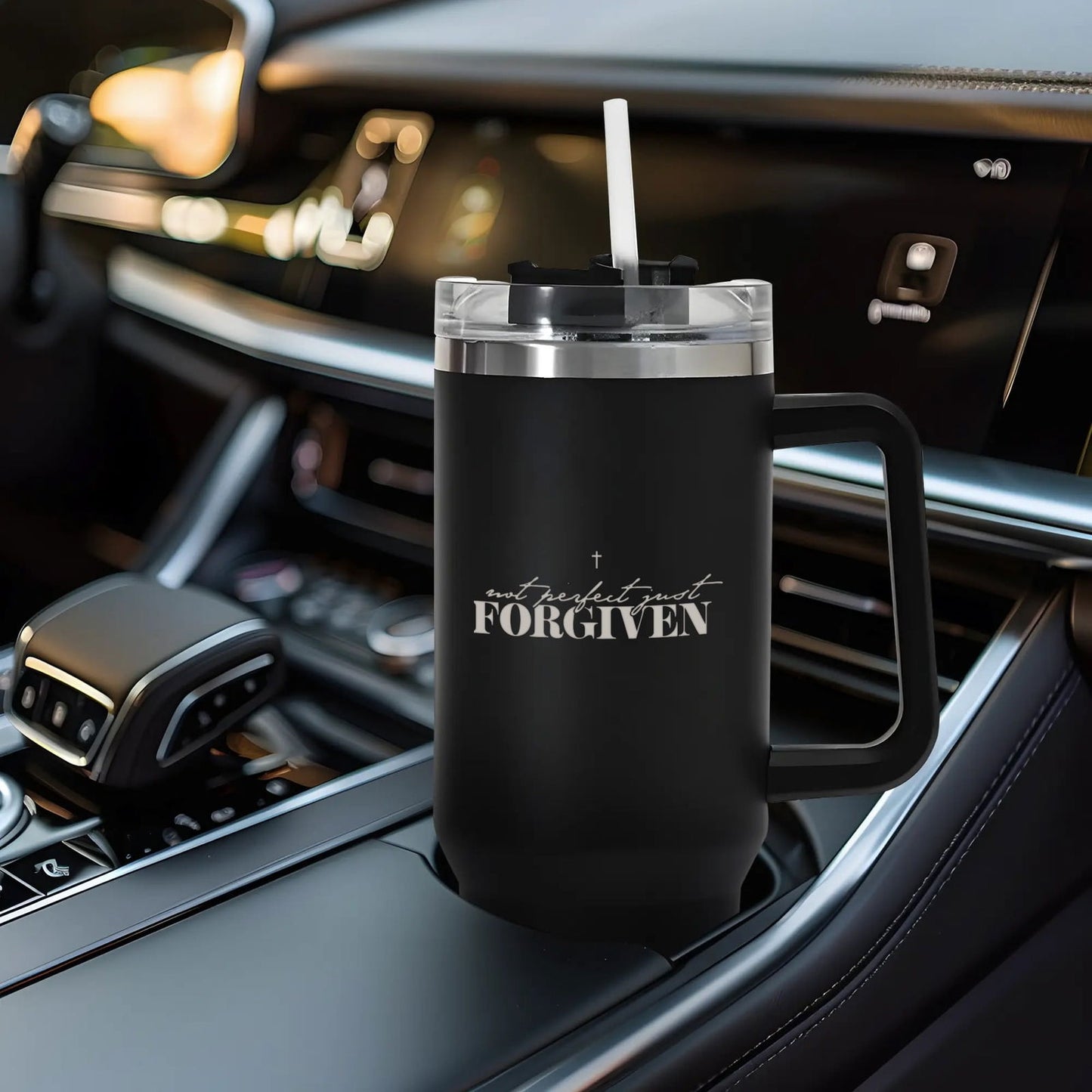 Not Perfect Just Forgiven 40oz Stainless Steel Christian Tumbler Travel Mug with Handle and Straw for Cup Holder - ClaimedbyGodDesigns