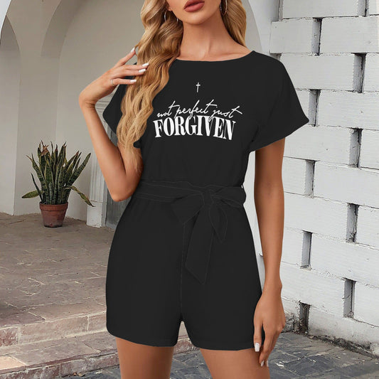 Not Perfect Just Forgiven Christian Women's Belt Keyhole Back Short Sleeve Romper - ClaimedbyGodDesigns