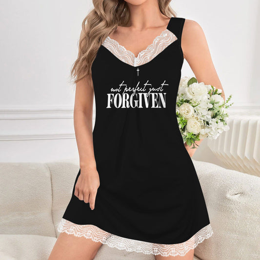Not Perfect Just Forgiven  Women's V-Neck Lace Pajama Nightdress - ClaimedbyGodDesigns
