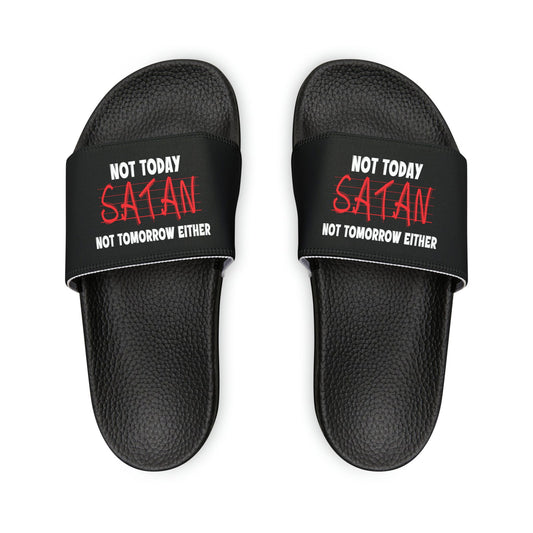 Not Today Satan Not Tomorrow Either Youth PU Christian Slide Sandals - ClaimedbyGodDesigns