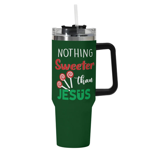 Nothing Sweeter Than Jesus (Christmas Themed)  40oz Stainless Steel Christian Tumbler Gift With Black Handle and Straw - ClaimedbyGodDesigns