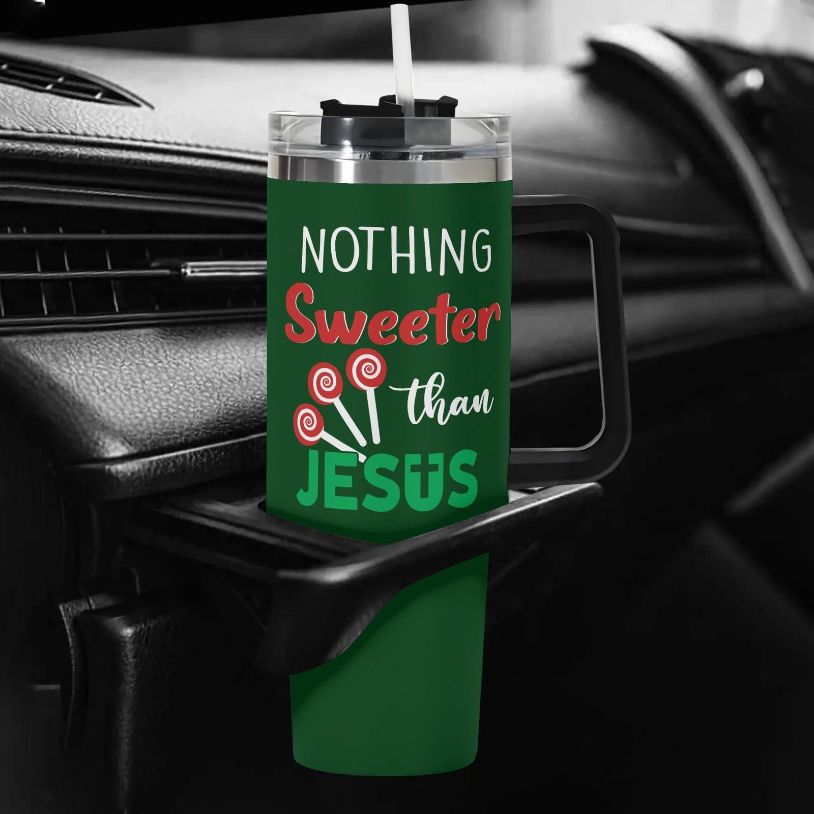 Nothing Sweeter Than Jesus (Christmas Themed)  40oz Stainless Steel Christian Tumbler Gift With Black Handle and Straw - ClaimedbyGodDesigns