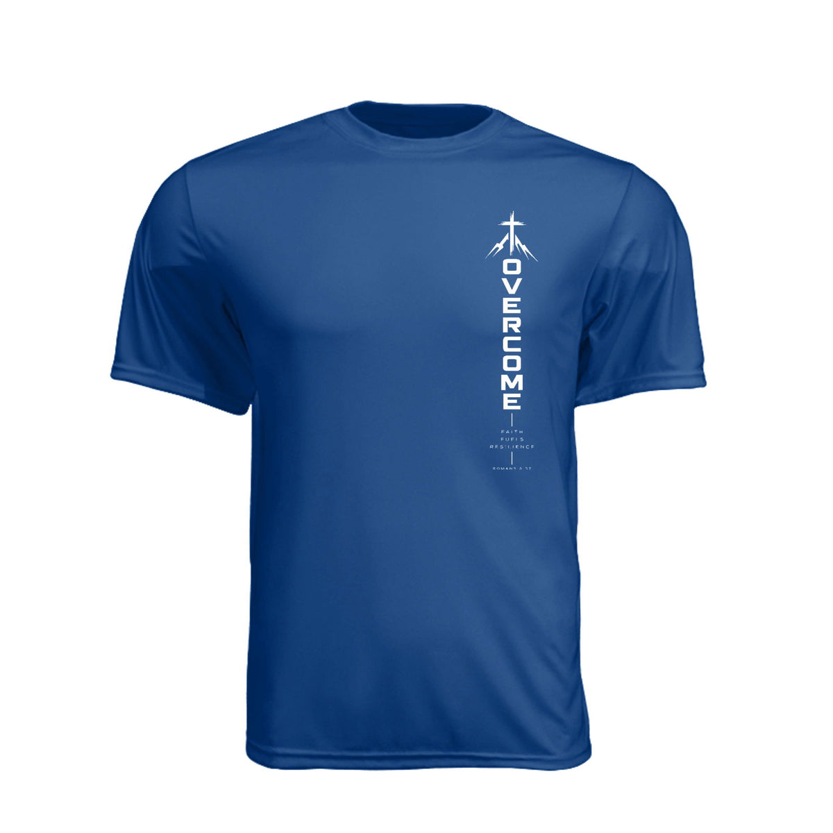 OVERCOME Faith Fuels Resilience Vertical Unisex Christian Gym T-Shirt | Romans 8:37 - Claimed by God Designs