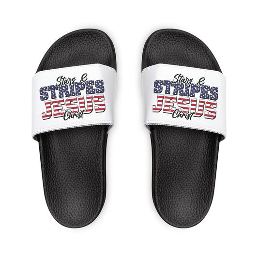 Patriotic Sandals for Men - Stars & Stripes Jesus Christ, Summer Footwear, Beach Ready, Casual Comfort, BBQ Essentials - ClaimedbyGodDesigns