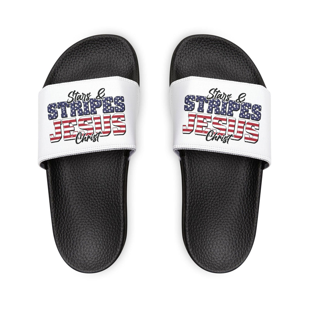 Patriotic Sandals for Women - Stars & Stripes Jesus Christ Slide Shoes, Summer Footwear, Holiday Gear, Vacation Slip-Ons - ClaimedbyGodDesigns